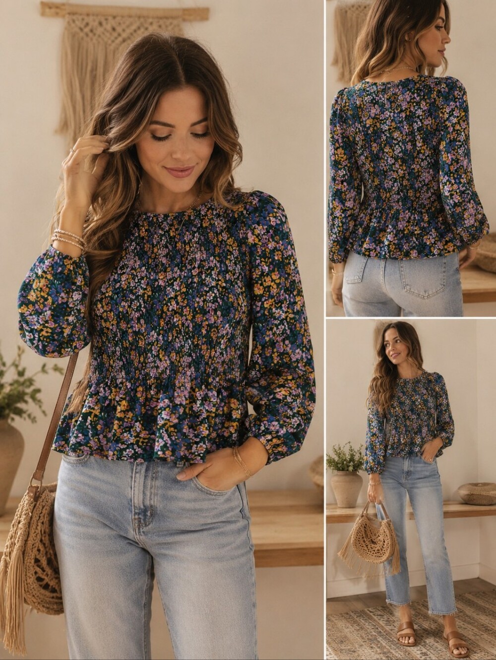 Pleione Green Floral Smocked Peplum Blouse with‎ Purple & Yellow Flowers
